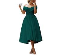 YIANN Schulterfreies Satinkleid für Damen, plissiert, A-Linie, Tee-Länge, Brautjungfernkleid, Abendkleid, blaugrün, 56 Plus