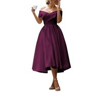 YIANN Schulterfreies Satinkleid für Damen, plissiert, A-Linie, Tee-Länge, Brautjungfernkleid, Abendkleid, pflaume, 56 Plus