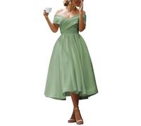 YIANN Schulterfreies Satinkleid für Damen, plissiert, A-Linie, Tee-Länge, Brautjungfernkleid, Abendkleid, salbeigrün, 34