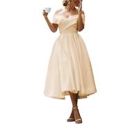 YIANN Schulterfreies Satinkleid für Damen, plissiert, A-Linie, Tee-Länge, Brautjungfernkleid, Abendkleid, champagnerfarben, 44