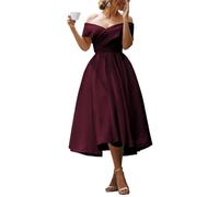 YIANN Schulterfreies Satinkleid für Damen, plissiert, A-Linie, Tee-Länge, Brautjungfernkleid, Abendkleid, burgunderfarben, 34