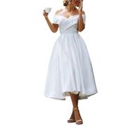 YIANN Schulterfreies Satinkleid für Damen, plissiert, A-Linie, Tee-Länge, Brautjungfernkleid, Abendkleid, weiß, 44