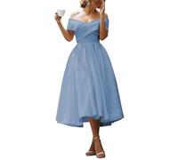 YIANN Schulterfreies Satinkleid für Damen, plissiert, A-Linie, Tee-Länge, Brautjungfernkleid, Abendkleid, dusty blue, 38