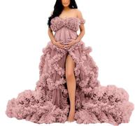 YIANN Schulterfreies Umstandskleid, langes Kleid für Fotoshooting, Tüll, Rüschen, Schwangerschaftskleid für Babyparty, Dusty Rose, 38
