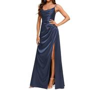 YIANN Spaghettiträger Wasserfallausschnitt, Satin, Brautjungfernkleider für Damen, mit Schlitz, langes formelles Abendkleid, marineblau, 34