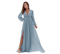 YIANN YIA006 Brautjungfernkleid mit V-Ausschnitt, lange Ärmel, Schlitz, Chiffon, A-Linie, plissiert, Ballkleid mit Taschen, dusty blue, 40