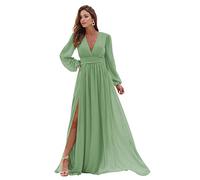 YIANN YIA006 Brautjungfernkleider mit V-Ausschnitt, lange Ärmel, Chiffon, A-Linie, plissiert, Ballkleider mit Taschen, Dusty Sage, 44