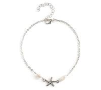 Yienate Fußkettchen mit fünfzackigem Seestern und Perle im Boho-Stil, Fußkettchen mit Charm, zierlich, für Sommer, barfuß, Strand, Fußschmuck für Damen und Mädchen (Silber)