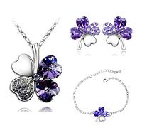 Yifnny Vierblättriges Kleeblatt Schmuckset, Glücks Vierklee Herz Halskette Ohrringe und Armband Grünes Vierklee Kristall Set Irischer Schmuck für Frauen Hochzeitstag Geschenk (Dunkellila)