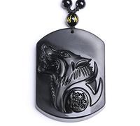 yigedan Halskette mit Anhänger aus natürlichem Obsidian, heulender Wolfskopf.