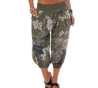 Yigoo Leichte Sommerhose Haremshose Pumphose Damen Kurz Strandhose Sport Bequem Marlene Hose Schlaghose Hosen Große Größe Grün Blumenmuster, Größe 2XL