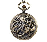 YIHANSS Goldene mechanische Taschenuhr mit Oktopus-Motiv, Steampunk-Skelett, Handaufzug, Klappuhr mit Kette für Herren und Damen