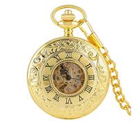 YIHANSS Top Luxus Gold Farbe Antike Mechanische Skelett Taschenuhr Handaufzug Doppel Offene Seite Kette Stunde Uhr