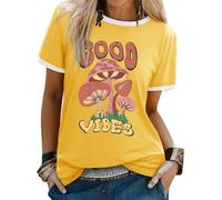 Yihelian T-Shirts für Frauen Sommer Kurzarm Top Damen Regenbogen Print Rundhals Shirts Mode Baggy Baumwollmischung Bluse, gelb, EU XL