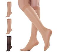 Yilanmy 3 Paar Damen Kniestrümpfe Glänzend 40D halb Blickdicht Fein-kniestrümpfe Breiter Komfortbund Hautfarben und Schwarz