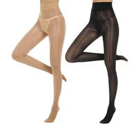 Yilanmy Damen Strumpfhose Glänzende Sexy Öl Glanz Strumpfhosen 15 Denier Hohe Taille Feinstrumpfhose Damen Ultradünne-Schwarz*1+Hautfarbe*1, L/XL