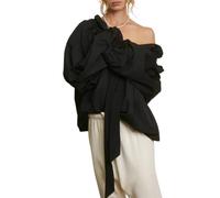 YILEEGOO Damen-Blusen mit Rüschen, Stehkragen, Y2K, Schleife, Top, gestreift, Babydoll, lange Puffärmel, Schwarz , S