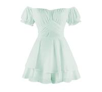 YILEEGOO Damen Sommer Puffärmel Kurzer Strampler Jumpsuit Kleid Schulterfrei Shorts Quadratischer Ausschnitt Rüschen Playsuit Swing Kleid, Kurzärmlig, Hellgrün, L