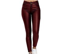 YILIN Damen Lederhose PU Leder Kunstlederhose Damen Hose In Leder Optik Bis Übergrösse Damen Gefütterte Damenhose Lederhose (Color : Red Wine, Size : 3XL)