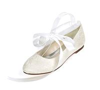 YiLuFanHua Damen Brautschuhe Flacher Absatz Runde Zehe Hochzeitsschuhe Minimalismus Spitze Floral Schnürschuhe Größe,Ivory White,44 EU