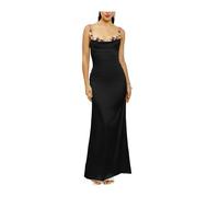 YIMAISZQ Kleid Damen Blumen Ärmellos Satin Langes Rückenlos Krawatte Up Ruched Bodycon Party Club Maxi Kleider Sommer Schwarz Rosa-schwarz-m