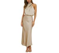 YIMAISZQ Kleid Damen Sommer Satin Elegant Ärmellos Mock Neck Cocktail Party Maxi Kleider-Champagner-m