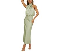 YIMAISZQ Kleid Damen Sommer Satin Elegant Ärmellos Mock Neck Cocktail Party Maxi Kleider-hellgrün-l