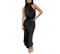 YIMAISZQ Kleid Damen Sommer Satin Elegant Ärmellos Mock Neck Cocktail Party Maxi Kleider-schwarz-XL