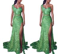 YIMAIWLX Kleider Frauen Elegantes Kleid Langes Abendkleid Eine Schulter Hoch Geteilte Kleider Ärmellose Kleidung Bodycon Kleid Cocktailkleider Hochzeitsfeier-grün-m