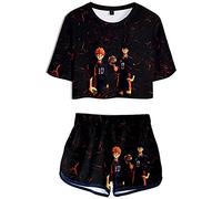 YIMIAO Haikyuu Anime Crop Top T-Shirts und Shorts Sport-Set Karasuno für Mädchen und Frauen 3D Drucken Kageyama Sommer Casual Kurzarm Kurze Hose(S)