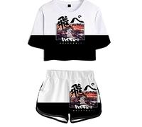 YIMIAO Haikyuu Anime Crop Top T-Shirts und Shorts Sport-Set Karasuno für Mädchen und Frauen 3D Drucken Kageyama Sommer Casual Kurzarm Kurze Hose(L)