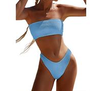 YIMISAN Damen Zweiteiliger Bandeau-Badeanzug Geripptes Trägerloses Röhrchen-Bikini-Oberteil mit Mittlerer Taille Frecher Unterteil Badeanzug Blau