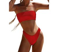 YIMISAN Zweiteiliger Bandeau-Badeanzug für Damen, gerippt, trägerlos, Schlauch-Bikinioberteil, freches Unterteil mit mittelhoher Taille, Rot/Ausflug, einfarbig (Getaway Solids), XS