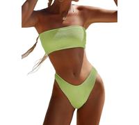 YIMISAN Zweiteiliger Bandeau-Badeanzug für Damen, gerippt, trägerlos, Schlauch-Bikinioberteil, freches Unterteil mit mittelhoher Taille, Grasgrün, XS