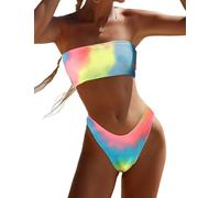 YIMISAN Zweiteiliger Bandeau-Badeanzug für Damen, gerippt, trägerlos, Schlauch-Bikinioberteil, freches Unterteil mit mittelhoher Taille, Regenbogenfarben., XL