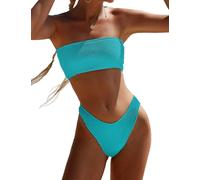 YIMISAN Zweiteiliger Bandeau-Badeanzug für Damen, gerippt, trägerlos, Schlauch-Bikinioberteil, freches Unterteil mit mittelhoher Taille, Seeblau, XS