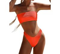 YIMISAN Zweiteiliger Bandeau-Badeanzug für Damen, gerippt, trägerlos, Schlauch-Bikinioberteil, freches Unterteil mit mittelhoher Taille, Orange/Abendrot im Zickzackmuster (Sunset Chevron), S