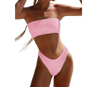 YIMISAN Zweiteiliger Bandeau-Badeanzug für Damen, gerippt, trägerlos, Schlauch-Bikinioberteil, freches Unterteil mit mittelhoher Taille, Helles Pink, XL