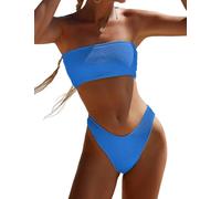 YIMISAN Zweiteiliger Bandeau-Badeanzug für Damen, gerippt, trägerlos, Schlauch-Bikinioberteil, freches Unterteil mit mittelhoher Taille, Blau-2, XS