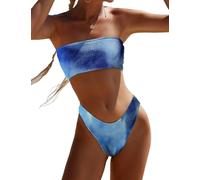 YIMISAN Zweiteiliger Bandeau-Badeanzug für Damen, gerippt, trägerlos, Schlauch-Bikinioberteil, freches Unterteil mit mittelhoher Taille, Blaue Krawatte, Large