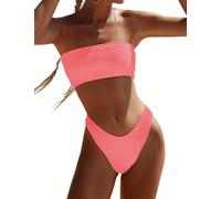 YIMISAN Zweiteiliger Bandeau-Badeanzug für Damen, gerippt, trägerlos, Schlauch-Bikinioberteil, freches Unterteil mit mittelhoher Taille, Korallenpink, Large