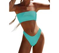 YIMISAN Zweiteiliger Bandeau-Badeanzug für Damen, gerippt, trägerlos, Schlauch-Bikinioberteil, freches Unterteil mit mittelhoher Taille, Mint Blau, XL