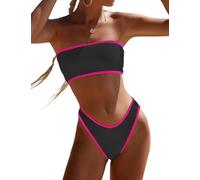 YIMISAN Zweiteiliger Bandeau-Badeanzug für Damen, gerippt, trägerlos, Schlauch-Bikinioberteil mit mittlerer Taille, freches Unterteil, Schwarz und Hot Pink, XL