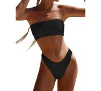 YIMISAN Zweiteiliger Bandeau-Badeanzug für Damen, gerippt, trägerlos, Schlauch-Bikinioberteil mit mittlerer Taille, freches Unterteil, Schwarz, Large