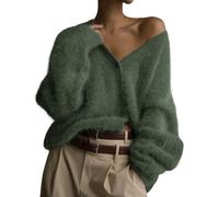 Yimoon Damen Strickjacke, flauschig, V-Ausschnitt, Lange Ärmel, Knopfleiste, lässig, pelzig, Strickpullover 2025, Army Grün, Groß