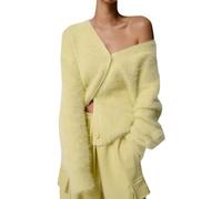 Yimoon Damen Strickjacke, flauschig, V-Ausschnitt, Lange Ärmel, Knopfleiste, lässig, pelzig, Strickpullover 2025, gelb, Groß