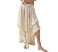 Yimoon Langer Damenrock mit Blumenmuster, Spitze, elastisch, asymmetrisch, mehrlagig, durchsichtig, sexy, durchscheinend, fließend, Strandrock, Beige, Mittel