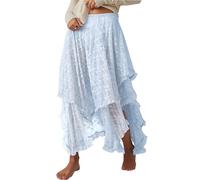 Yimoon Langer Damenrock mit Blumenmuster, Spitze, elastisch, asymmetrisch, mehrlagig, durchsichtig, sexy, durchscheinend, fließend, Strandrock, Blau, Groß