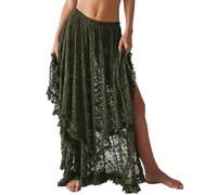 Yimoon Langer Damenrock mit Blumenmuster, Spitze, elastisch, asymmetrisch, mehrlagig, durchsichtig, sexy, durchscheinend, fließend, Strandrock, Armee, Groß