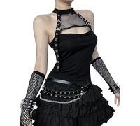 YINGWIN Damen Crop Top Fischnetz Mesh Durchbrochene Neckholder Gothic Kleidung Damen Sexy Hollow Out Heckholder Tank Top Rückenfrei Bluse Y2k Gothic Punk Oberteil